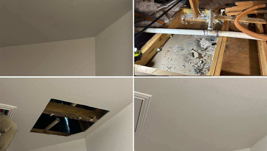 Completed drywall water damage repair — fresh paint finish, fully invisible after priming and top coat